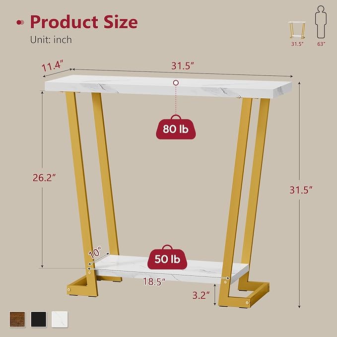 Tajsoon Narrow Console Table for Entryway 31.5'', 2 Tier Rustic Entryway Table with Open Shelves, Industrial Sofa Table with Gemometric Frame for Hallway, Living Room, Entrace, Gold & White