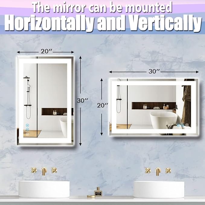 30 x 20 Inch LED Bathroom Mirror with Lights 3 Color Adjustable Brightness Frontlit Anti-Fog 30" Lighted Vanity Mirror for Bathroom Wall Horizontal/Vertical Mounted 30 Smart Light up Mirrors