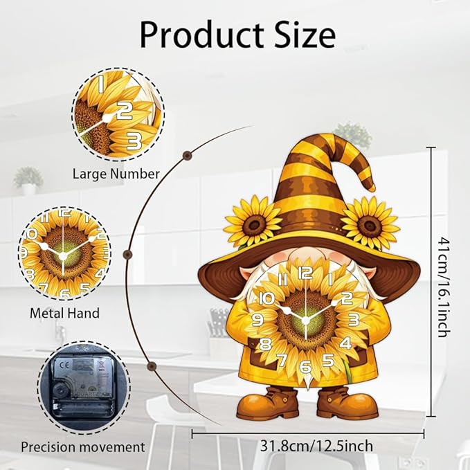 CHGCRAFT Sunflower Gnome Pattern Wall Clock 16.1 Inch Wood Grain Non-Ticking Irregular Shape Clocks Wall Hanging Clock Battery Operated for Bedroom Living Room Kitchen Office