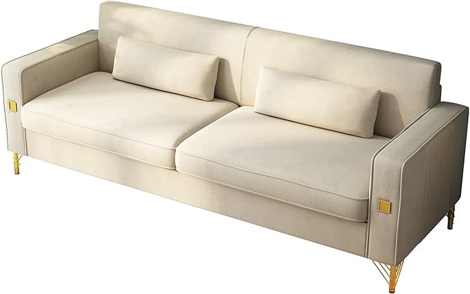 85.63" Velvet Sofa,Modern Loveseat Couch with Pillows Set of 2 for Living Room,Bedroom,Apartment Furniture with Gold Metal Legs (Beige)