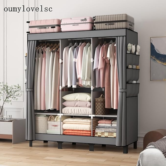 Portable Wardrobe, Clothes Organizer, Easy Hanger Wardrobe, Multiple Dividers and 3 Drawers, 6 Side Pockets Large Capacity (Grey)