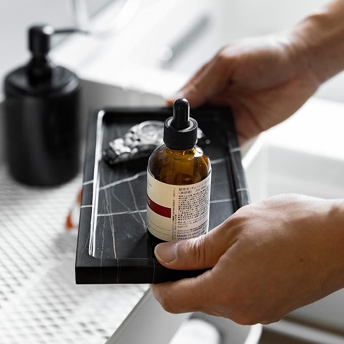 Natural Real Marble Bathroom Vanity Tray Countertop 9'' Makeup Organizer for Dresser, Guest Towel Holder Tray Napkin Holder for Bathroom (Black)