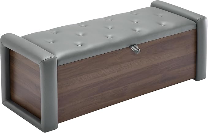 48" Large Storage Ottoman Bench, Faux Leather Upholstered Bed Bench with Button Tufted, End of Bed Ottoman with Safety Hinge for Bedroom, Living Room, Window，or Entryway, Olive Gray Shoe Storage Chest