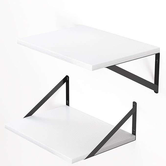 Heimlove White Deep Floating Shelves for Wall, 16W x 12D Wood Wall Shelves Set of 2, Wide Floating Bookshelf for Living Room, Kitchen, Office, Bedroom and Decor Storage, with Black Bracket - White