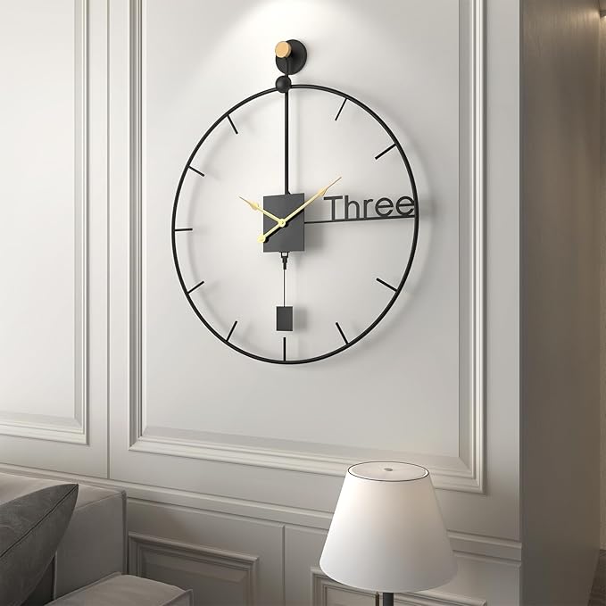 Cuspin 20 inch Modern Wall Clock with Swing Pendulum, Battery Operated Silent Non-Ticking Metal Wall Clock for Living Room Decor, Decorative Hanging Clock for Bedroom, Office, Kitchen, Home Wall