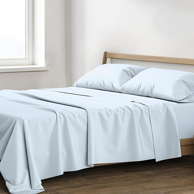 XOOX Linen 100% Egyptian Cotton Queen Sheet Set - Luxury 1200 High Thread Count Egyptian Cotton Sheets Queen Size (4 PC, Light Blue), Silky Soft, Cooling, 17" Deep Pocket Sateen Weave Hotel Bedding
