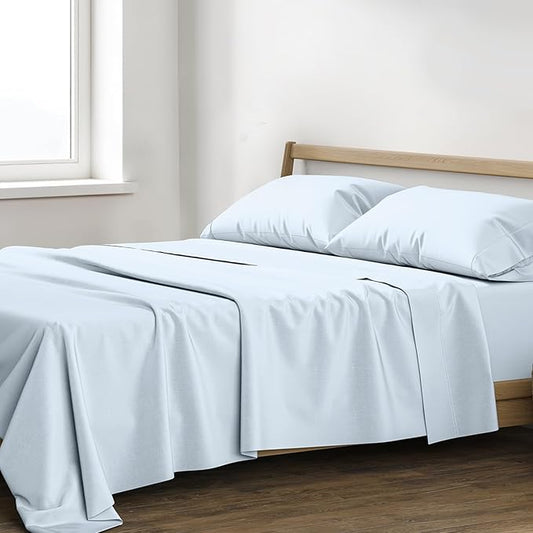 XOOX Linen 100% Egyptian Cotton Queen Sheet Set - Luxury 1200 High Thread Count Egyptian Cotton Sheets Queen Size (4 PC, Light Blue), Silky Soft, Cooling, 17" Deep Pocket Sateen Weave Hotel Bedding