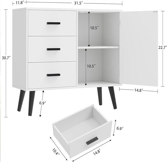 Iwell Storage Cabinet with 3 Drawers, Sideboard Buffet Cabinet with Adjustable Shelf, Freestanding Floor Storage Unit for Living Room, Entryway, Home Office, White