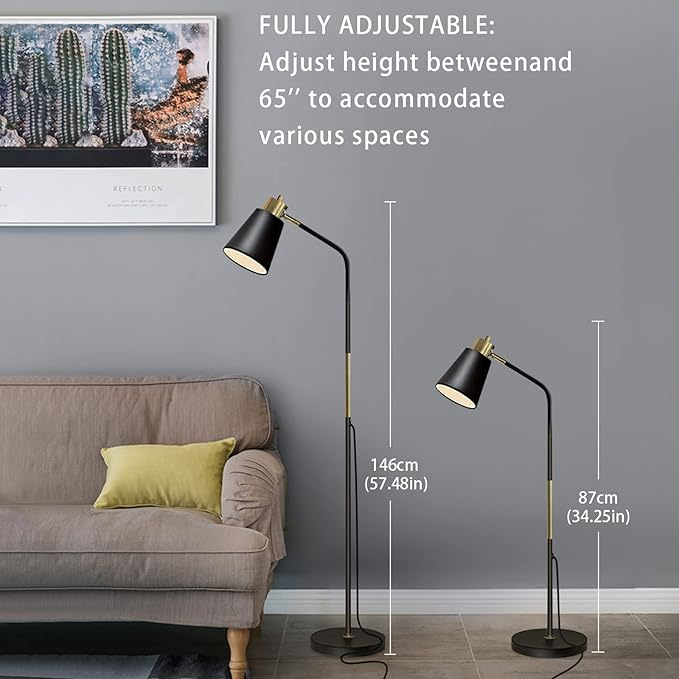Floor Lamp, Industrial Floor Lamps for Living Rooms Rustic Farmhouse Reading Standing Floor Lamp Adjustable Metal Heads Indoor Task Lighting for Living Room Bedroom Office Home Décor (Black)