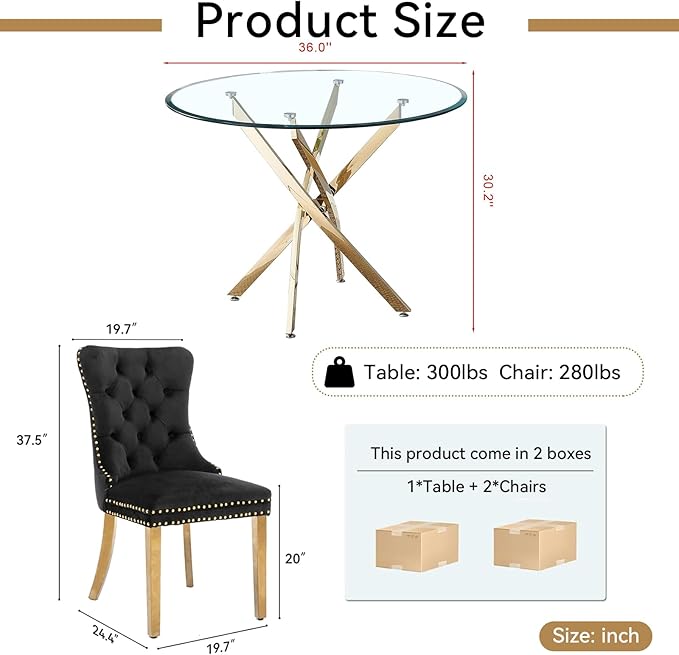 Goujxcy 3 Piece Round Glass Dining Table Set for 2, 36" Round Dining Table & Chair Set Modern Circle Glass Kitchen Table and 2 Velvet Upholstered Chairs for Kitchen Dining (Gold Table & Black Chair)