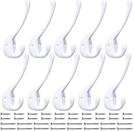 10 Pack Heavy Duty Dual Coat Hooks Wall Mounted with 20 Screws Retro Double Hooks Utility Black Hooks for Coat, Scarf, Bag, Towel, Key, Cap, Cup, Hat (White)