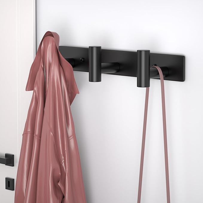 HUFEEOH 2 Pack Coat Hooks Wall Mount, Black T Shaped 3 Hooks Wall Hooks Stainless Steel Coat Hanger Wall Mount, Heavy Duty Towel Hooks Purse Rack for Hanging