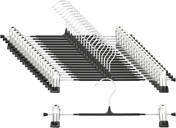 Pants Hangers with Clips - 20 Pack Heavy Duty, Non-Slip Adjustable Space Saving Skirt Hangers for Pants, Jeans, Shorts | Black | 12 Inch