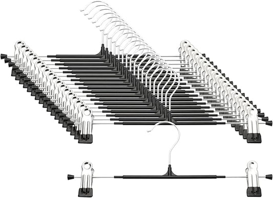 Pants Hangers with Clips - 20 Pack Heavy Duty, Non-Slip Adjustable Space Saving Skirt Hangers for Pants, Jeans, Shorts | Black | 12 Inch