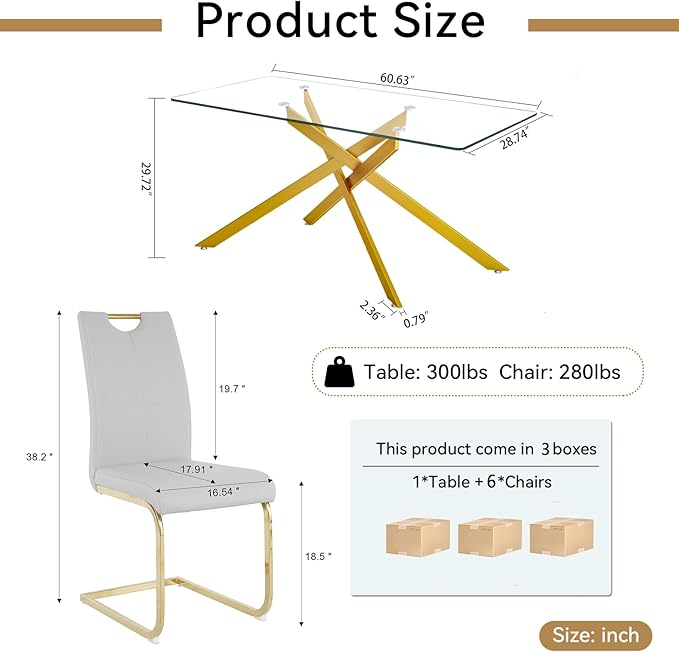 Modern Glass Dining Table Set for 6, Gold Glass Kitchen Table and Chairs Set of 6, 7 Piece Dining Room Table Set with 61" Rectangular Metal Glass Dinner Table and 6 White Leather Dining Chairs