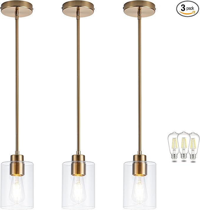 MAYNA 3-Pack Brushed Brass Dining Room Light Fixtures, Modern Gold Pendant Lighting Over Island, Adjustable Rods Glass Chandelier for Kitchen Table (Bulbs Included)
