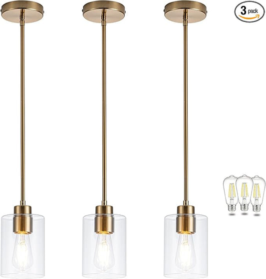 MAYNA 3-Pack Brushed Brass Dining Room Light Fixtures, Modern Gold Pendant Lighting Over Island, Adjustable Rods Glass Chandelier for Kitchen Table (Bulbs Included)