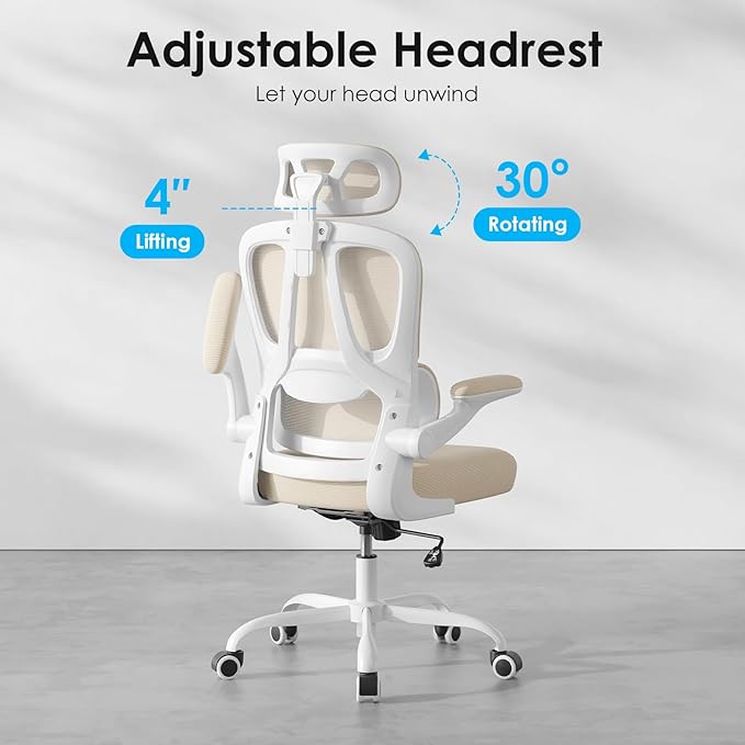 Farini Ergonomic Office Chair, Desk Chair with Headrest and Lumbar Support, High Back Swivel Home Office Chair with Headrest for Home Office Bedroom, Gifts, White & Khaki