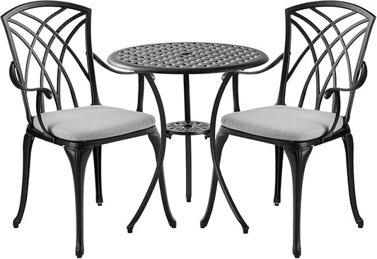 Patio Bistro Sets Cast Aluminum Bistro Table and Chairs Set of 2 with Umbrella Hole,Outdoor Bistro Set with Cushion for Yard (BLACK1)