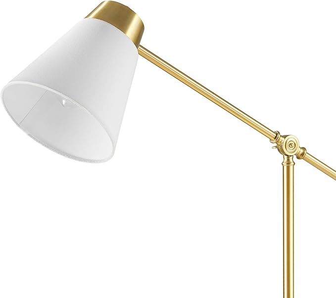 69" Floor Lamp, Swing Arm, Matte Brass Plated, White Tapered Fabric Shade, On/Off Rotary Switch on Socket, 5-Foot Clear Cord, 1-Light, 40W E26/Medium Base Bulb