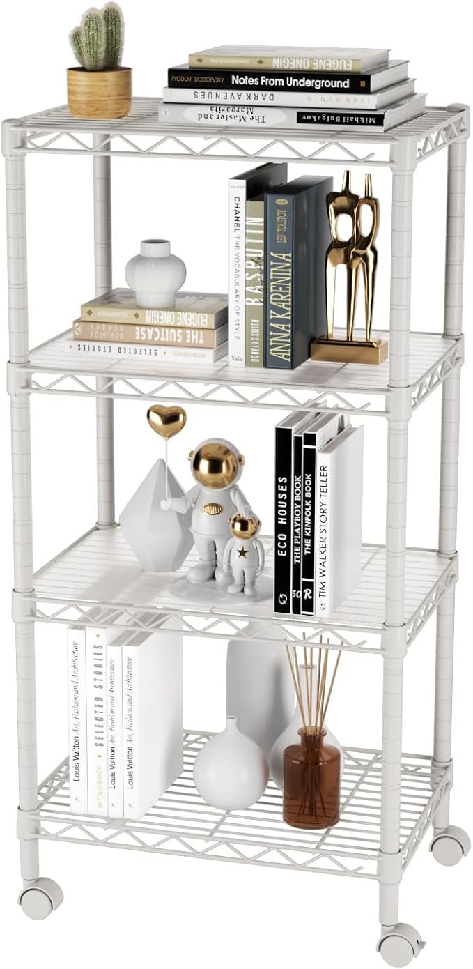 SINGAYE 4 Small Shelves Storage Shelf Wire Shelving Unit Metal Shelf Adjustable Organizers Storage Shelving with Wheels for Bathroom Laundry Room Kitchen Pantry