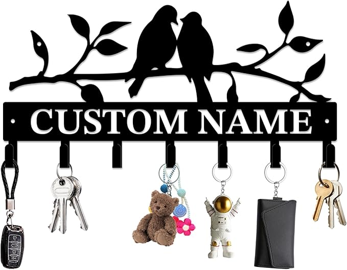 Personalized Custom Name Birds of Trees Wall Key Hooks,Metal Birds of Trees Art Clothes Hooks,Metal Birds of Trees Wall Home Storage Decorative,For Front Door, Hallway, Kitchen, Bedroom (Style D)