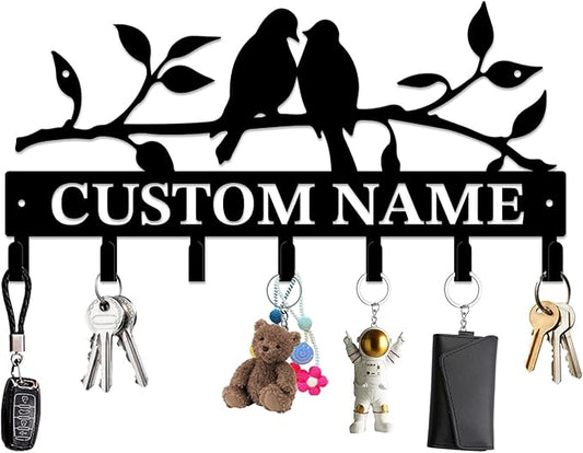 Personalized Custom Name Birds of Trees Wall Key Hooks,Metal Birds of Trees Art Clothes Hooks,Metal Birds of Trees Wall Home Storage Decorative,For Front Door, Hallway, Kitchen, Bedroom (Style D)