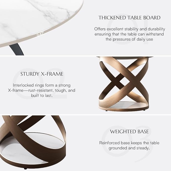 POVISON 51" Modern Round Dining Table for 4-6, Glossy White Round Dining Room Table, Sintered Stone Dining Tabletop with Bronze X Carbon Steel Base (Dining Table Only)