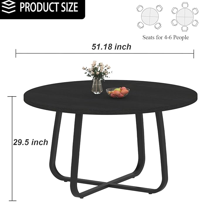 LVB 51 Inch Black Round Dining Table, Modern Wood Metal Kitchen Table, Industrial Small Dinner Room for 4 to 6 People, Circle Coffee Dining Room for Home Kitchen Living Room, Black Oak