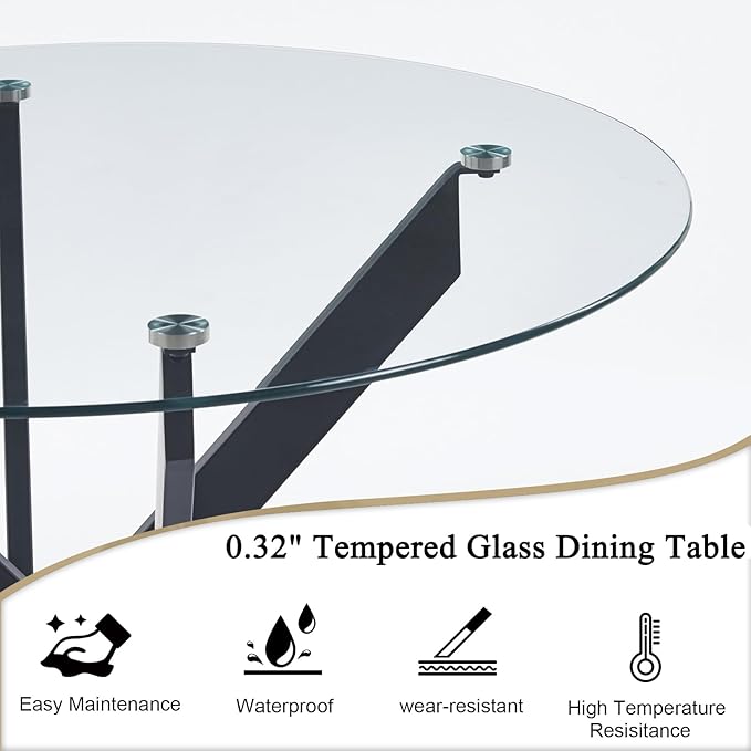 36" Round Dining Table for 4, Modern Clear Glass Kitchen Table for 4 with Black X Metal Legs, Contemporary Small Circle Dining Room Leisure Tables for Kitchen Apartment