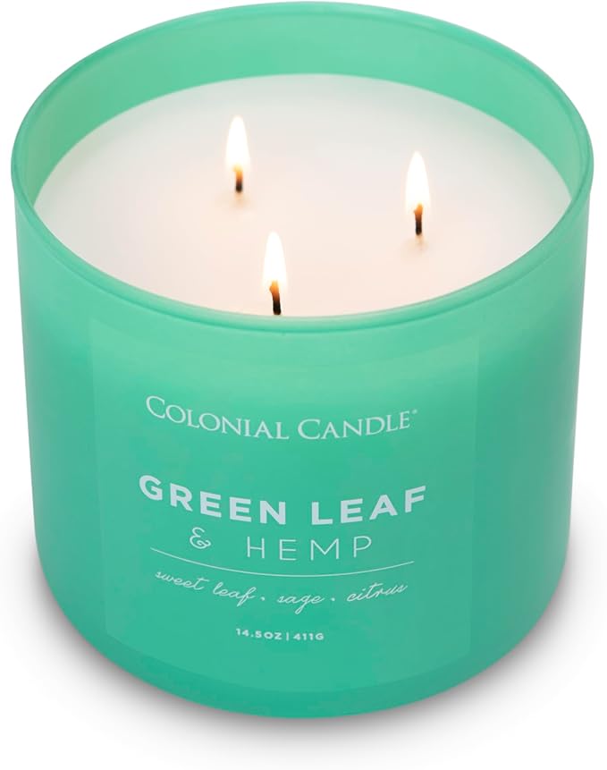 Colonial Candle Green Leaf & Hemp Scented Jar Candle, Pop of Color Collection, 3 Wick, Green, 14.5 oz - Up to 60 Hours Burn
