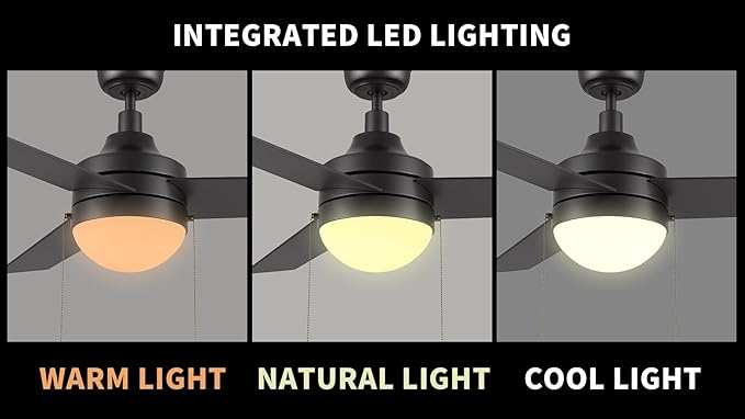 CEME 52" Ceiling Fan with Light Low Profile, DC 5 Speeds Silent Ceiling Fan with Remote, 3 Dual Finish Blades, 3 Light Colors Dimmable LED for Bedroom Room, Black