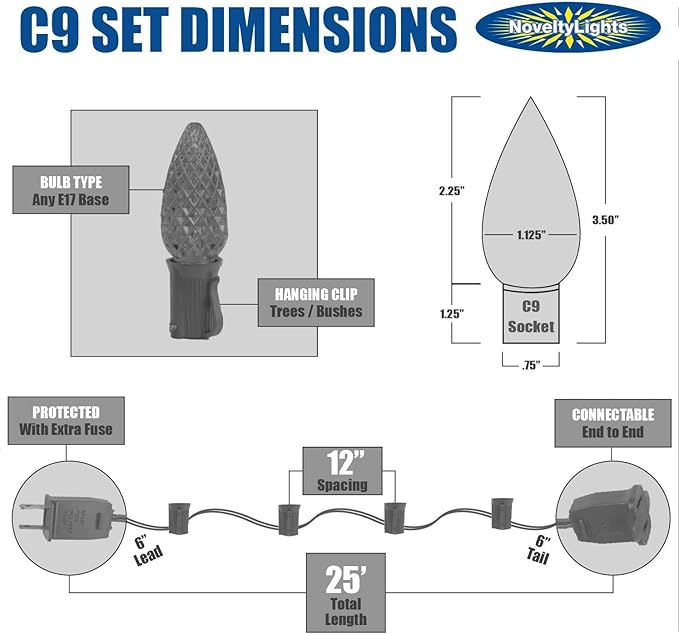 Novelty Lights 25 Feet 25 Light C9 Ceramic Style LED String Lights, Multicolor, Pre-Lamped Christmas Lights on Green Wire, UL Listed Indoor/Outdoor, Connectable End-to-End