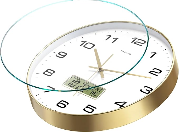 Wall Clock, 13" Dial Non-Ticking Silent Battery Operated Analog with LCD Display for Perpetual Calendar and F° Temperature, Ideal Modern Home, Bedroom, Kitchen, Office Decor (Gold)