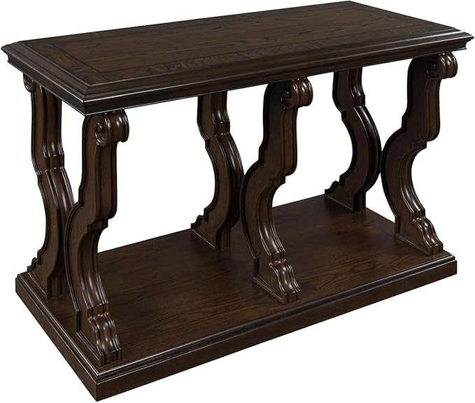 Signature Design by Ashley Maylee Classic Sofa Table with Open Shelf and Scroll Legs, Dark Brown