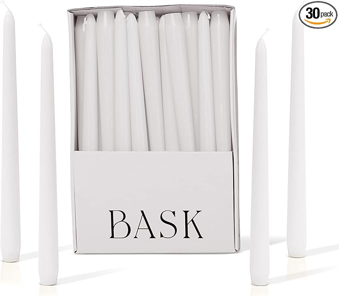 Bask 10-inch Taper Candles - Unscented and Dripless - Burns for 8 Hours - Home Decor for Dinner Table, Kitchen, and Bedroom - Perfect for a Romantic Date or Anniversary - 30-Pack - Ivory