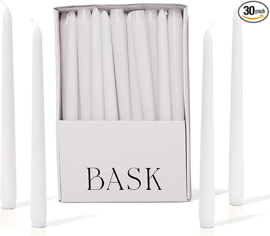 Bask 10-inch Taper Candles - Unscented and Dripless - Burns for 8 Hours - Home Decor for Dinner Table, Kitchen, and Bedroom - Perfect for a Romantic Date or Anniversary - 30-Pack - Ivory