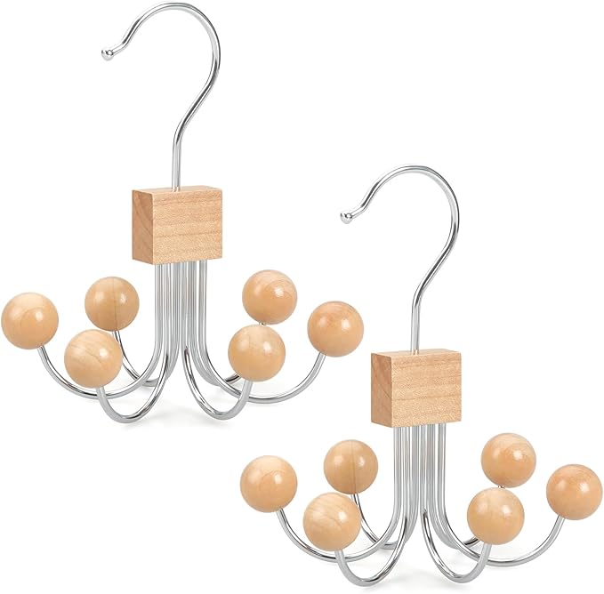 TOPIA HANGER Sweatshirt Hangers 2-Pack with 6 Wooden Balls, Purse Hanger, Scarf Hanger, Wooden Closet Hooks, Handbag Organizer, Bra Hanger, Accessory Organizers for Scarf, Tanktop, Hat, Hoodie CT82N