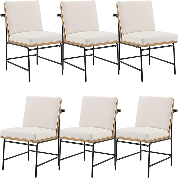 Modern Dining Chairs Set of 6, Comfy PU Leather Side Chairs Upholstered with Backrest Black Metal Legs for Dining Room Living Room, Beige