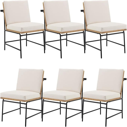 Modern Dining Chairs Set of 6, Comfy PU Leather Side Chairs Upholstered with Backrest Black Metal Legs for Dining Room Living Room, Beige