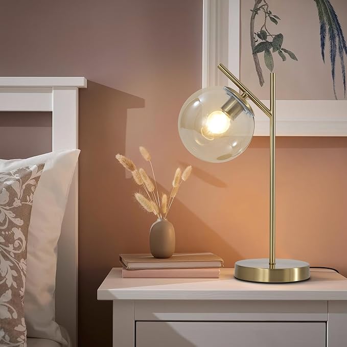 Mid Century Modern Table Lamp, Gold Globe Nightstand Lamp with Cognacs Glass Shade, Metal Brass Desk Lamp for Bedroom Living Room Study Room