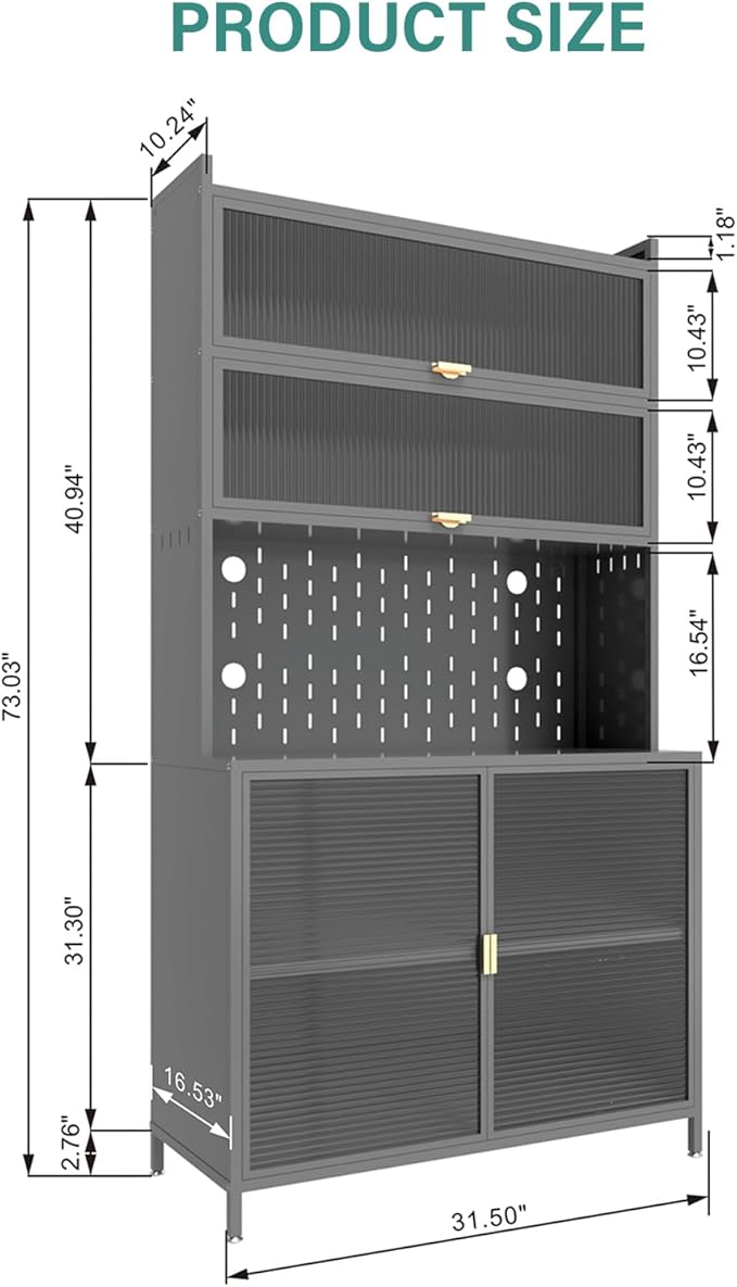73'' Tall Kitchen Pantry Cabinet, 6 Level Flip Door with Pegboard Metal Pantry Storage Cabinet, Anti-Tip Design Hutch for Kitchen, Dining Room, Living Room,Grey