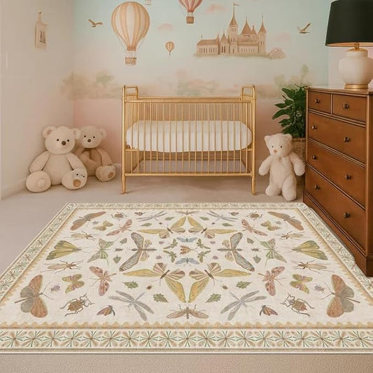Beige Neutral Small Rugs for Bedroom - 3x4 Throw Rug for Large Entryway, Kitchen, Nursery Room, Insect Print Floral Non-Slip Accent Rug Low Pile Stain Resistant