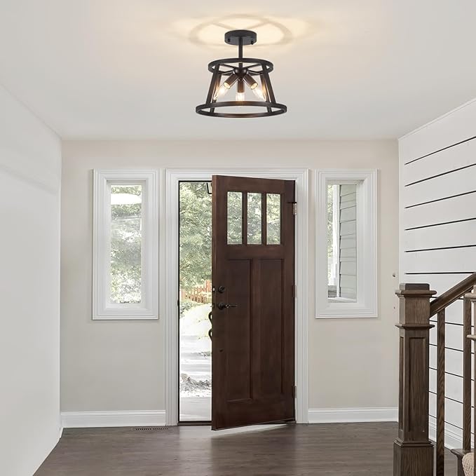 12.59" Black Semi Flush Mount Ceiling Light, 3-Light Modern Close to Ceiling Light Fixtures, Hallway Light Fixtures, Metal Ceiling Lamp for Entryway Bedroom Laundry Dining Room Lighting, UL Listed