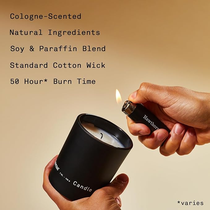 Hawthorne Aromatic & Woody Cologne-Scented Candle. Notes of Fresh Pine, Woody Vetiver, Sweet Musk, and Sandalwood. Soy Blend Wax. 7 Oz. About 50 Hours of Burn Time.