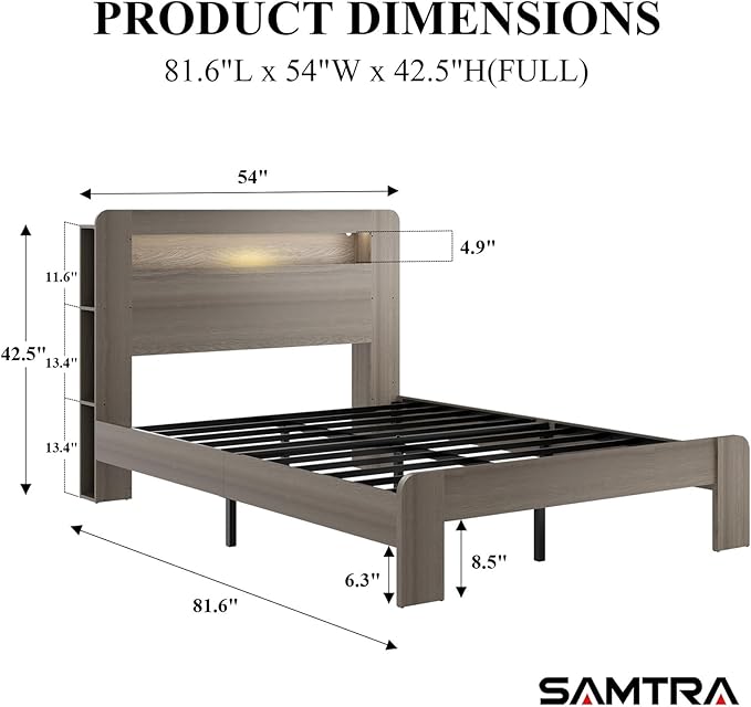 Wooden Bed Frame Full Size with Storage Headboard - Farmhouse Platform Bed Frame with Bookcase Shelf & Led Lights, Sturdy Wood Slat Framework Bed Frame (Light Brown LED)