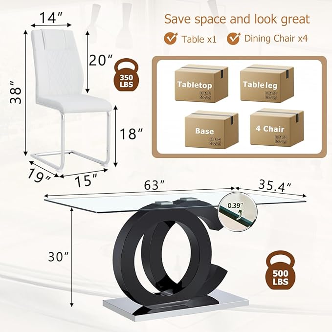 63'' Glass Dining Table Set for 4, Kitchen Table Chairs Set of 4, Clear Glass Dining Table with Black unique design Leg and Silver Metal Base, 4 PU Dining Chairs with Metal Legs, Living Room, Kitchen.