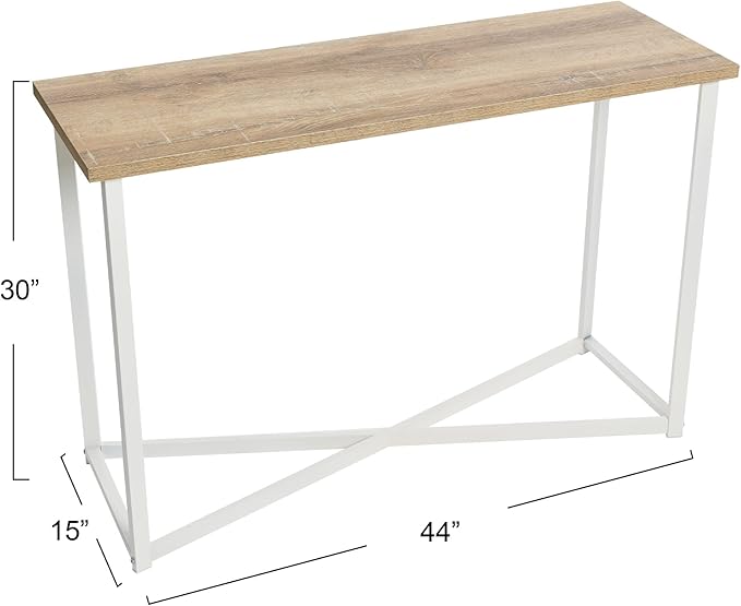 Household Essentials Jamestown Console Sofa Table Coastal Oak Rustic Wood Grain and White Metal
