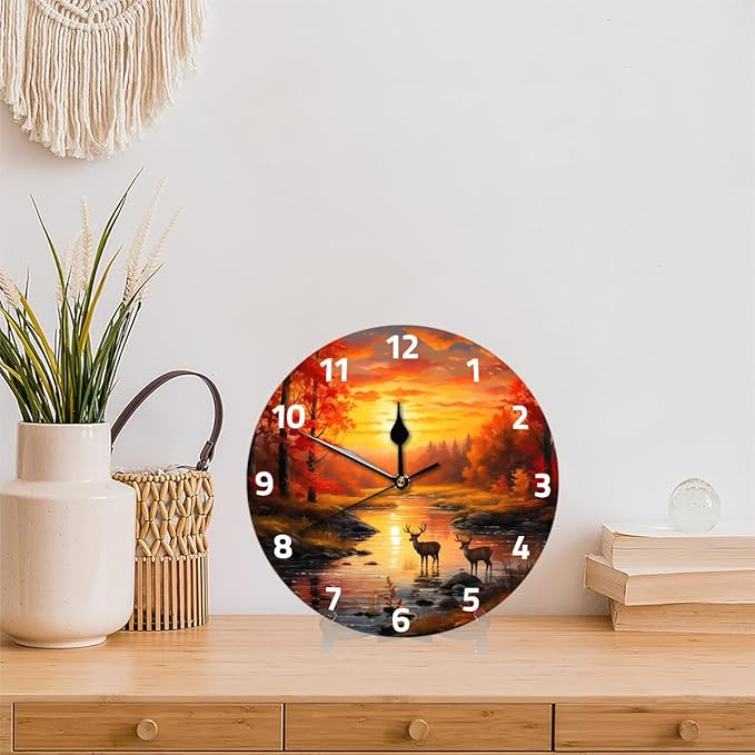 Forest River Sunset Deer Wall Clock Battery Operated 10 in Round Wall Clocks Slilent Non Ticking Quartz Analog Clock for Bedroom Kids Living Room Classroom Decor