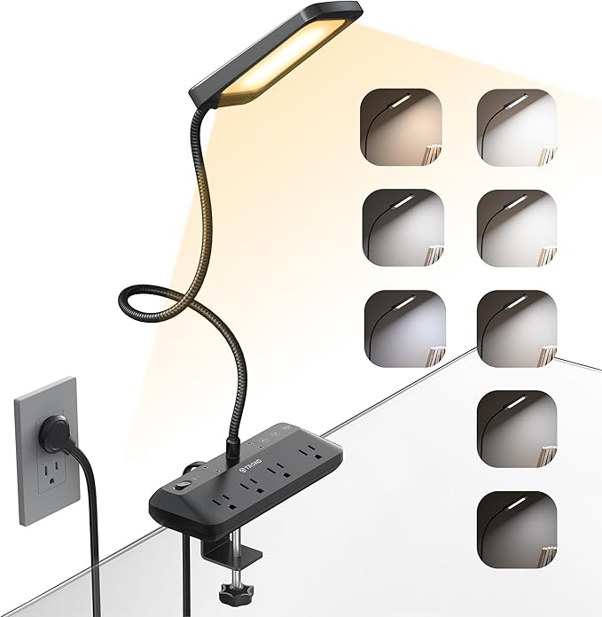 TROND LED Desk Lamp with Clamp Power Strip - Eye Caring Desk Light with 4 Surge Protector Outlet, 15 Lighting Mode, 6ft Flat Plug Extension Cord, Gooseneck for Home Office College Dorm Room Essentials